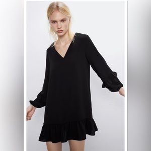 Zara Long Sleeve V Neck Black Ruffled Mini Dress.